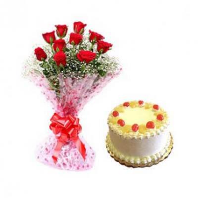 Red Roses With Pineapple Cake