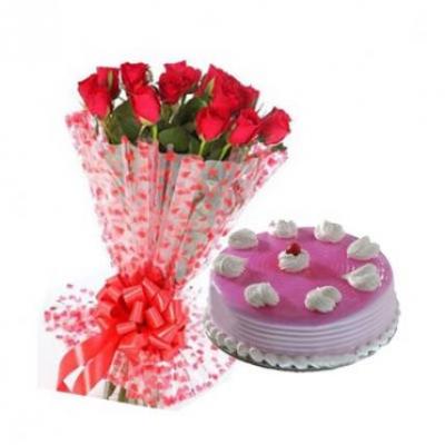 Red Roses With Strawberry Cake
