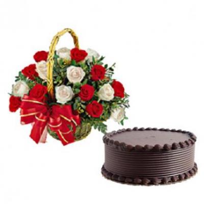 Red & White Roses Basket With Cake