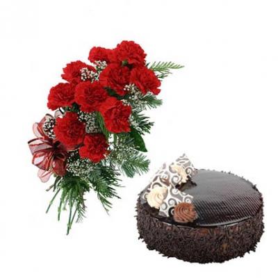 Carnations With Chocolate Cake