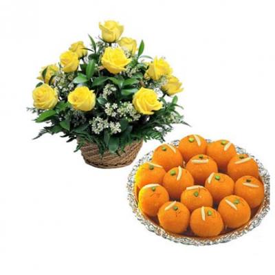 Yellow Roses Basket With Laddu