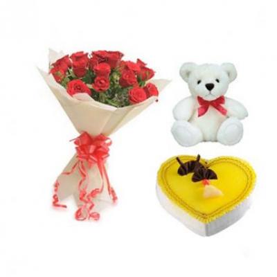 Roses, Teddy With Heart Shape Pineapple Cake