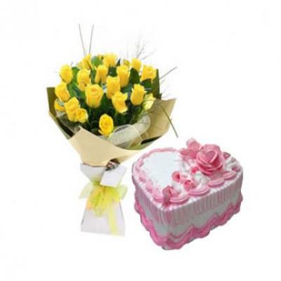 Yellow Roses With Heart Shape Strawberry Cake