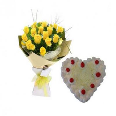 Yellow Roses With Heart Shape White Forest Cake