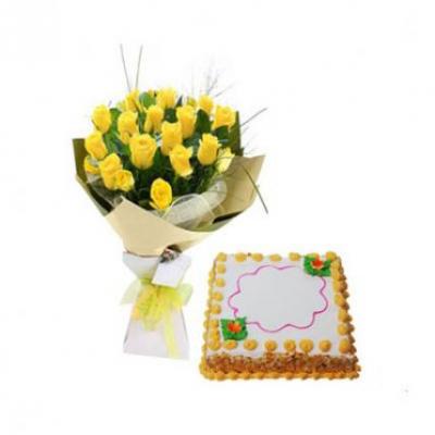 Yellow Roses With Butter Scotch Cake Square