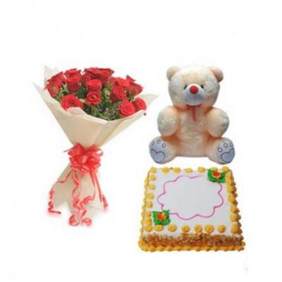 Roses, Teddy With Butter Scotch Cake Square