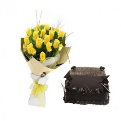 Yellow Roses With Chocolate Truffle Cake Square