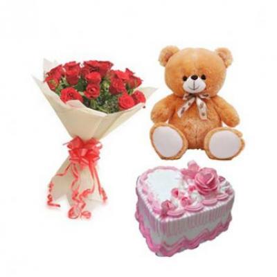 Roses, Teddy With Heart Shape Strawberry Cake