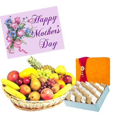 Fresh Fruits Basket and Kaju Burfi With Greeting