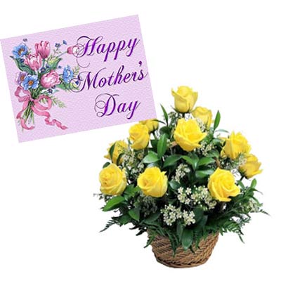 Yellow Roses Basket With Mothers Day Card