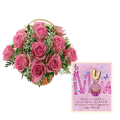 Pink Roses Basket With Mothers Day Card