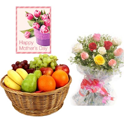 Fresh Fruits Basket & Mixed Roses with Card