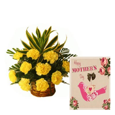 Yellow Carnation Basket With Mothers Day Card