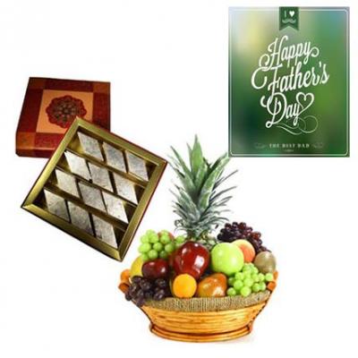 Fresh Fruits Basket and Kaju Burfi With Fathers Day Greeting