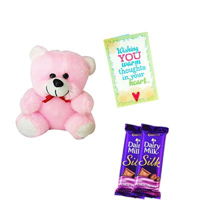 Teddy Bear with Chocolates and Greeting Card