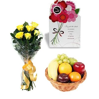 Fresh Fruits Basket with Yellow Roses and Greeting Card