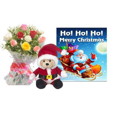 Santa Claus with Mix Roses Bouquet & Greeting Card