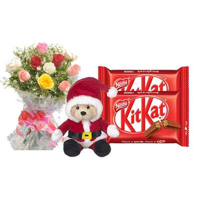 Santa Claus with Mix Roses Bouquet & Kitkat