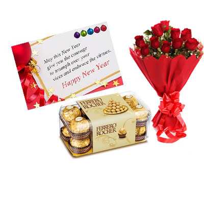 New Year Card, Red Roses & Ferrero Rocher