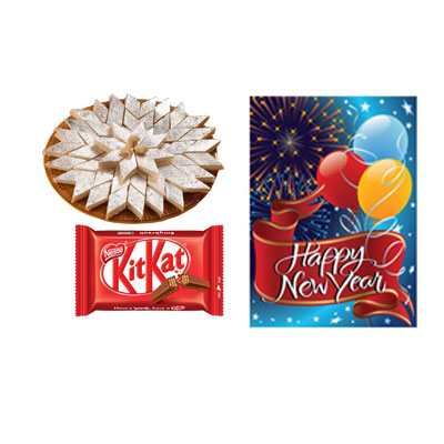 Kaju Burfi with New Year Card & Kitkat