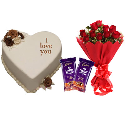 I Love You Vanilla Heart Shape Cake, Bouquet & Silk