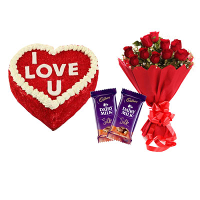 Love U Valentine Red Velvet Heart Shape Cake, Bouquet & Silk