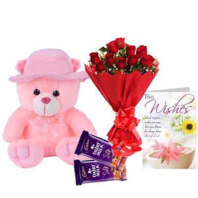 16 Inch Teddy with Bouquet, Silk Chocolate & Card