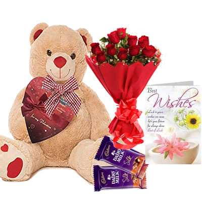 Big Teddy with Bouquet, Silk & Greeting 