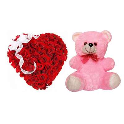 Red Rose Heart Arrangement with Teddy