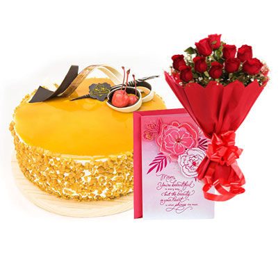 Butterscotch Cream Cake, Bouquet & Card