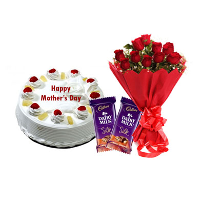 Eeggless Mothers Day Pineapple Cake, Bouquet & Silk