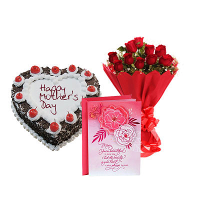 Heart Shape Black Forest Cake, Bouquet & Card