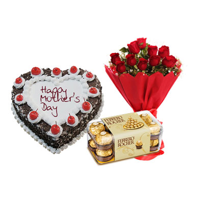 Heart Shape Black Forest Cake, Bouquet & Ferrero