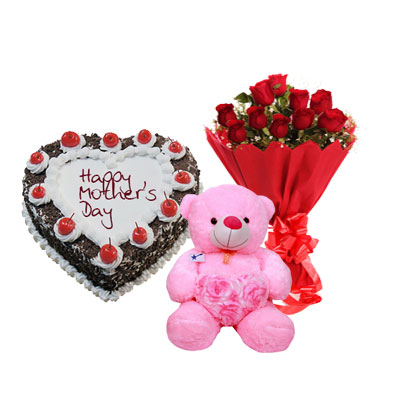 Heart Shape Black Forest Cake, Bouquet & Teddy