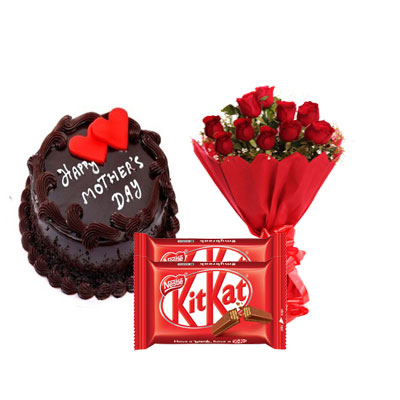 Mothers Day Chocolate Cake, Bouquet & Kitkat