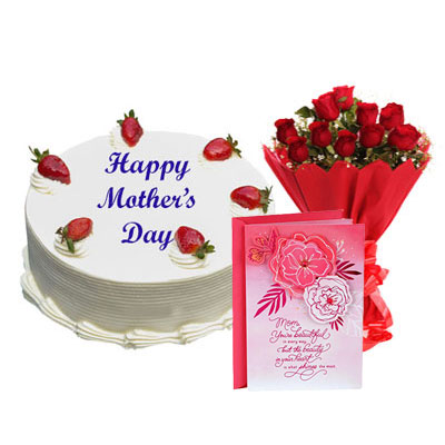 Mothers Day Vanilla Cake, Bouquet & Card
