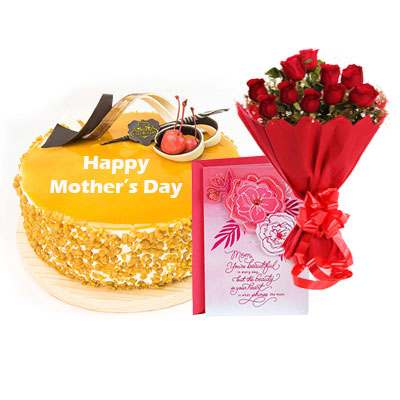 Mothers Day Butterscotch Cream Cake, Bouquet & Card