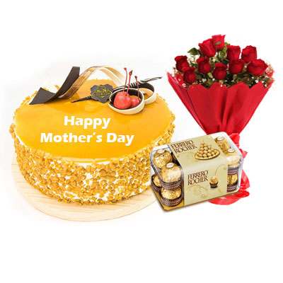 Mothers Day Butterscotch Cream Cake, Bouquet & Ferrero