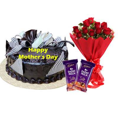 Mothers Day Chocolate Cream Cake, Bouquet & Silk