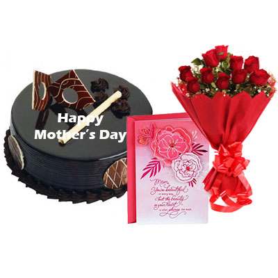 Mothers Day Chocolate Royal Cake, Bouquet & Card