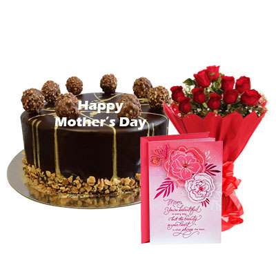 Mothers Day Ferrero Rocher Chocolate Cake, Bouquet & Card
