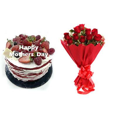 Mothers Day Red Velvet Fruit Cake & Bouquet