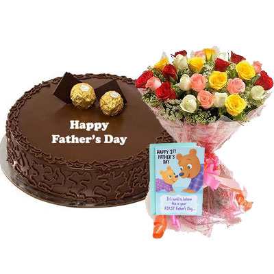Fathers Day Ferrero Rocher Cake with Mix Bouquet & Card