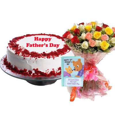 Fathers Day Red Velvet Cake with Mix Bouquet & Card