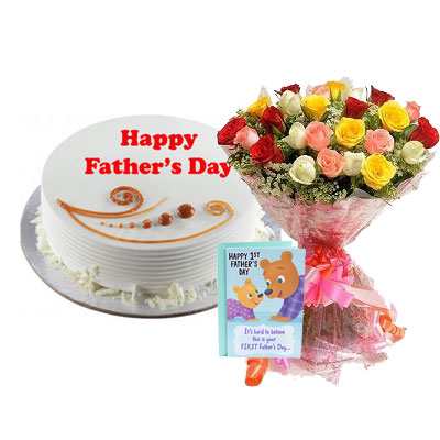 Fathers Day Vanilla Cake with Mix Bouquet & Card