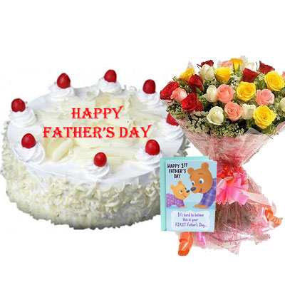 Fathers Day White Forest Cake with Mix Bouquet & Card