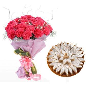 Pink Carnation Bouquet & Kaju Burfi