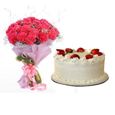 Pink Carnation Bouquet & Strawberry Cake