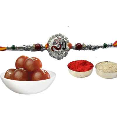 Silver Om Rakhi With Gulab Jamun