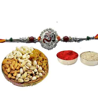 Silver Om Rakhi With Mix Dry Fruits